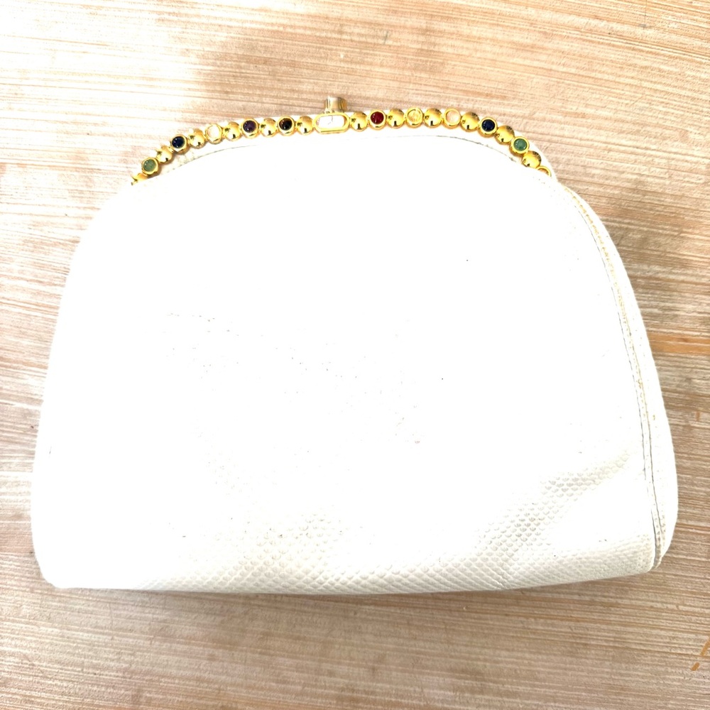 Vintage Judith Leiber White Karung Purse with Semi-Precious Cabochon Gem Accents